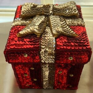 Vintage Sequin Gift Box with Bow - Red and Gold Silk lined Jewelry Box